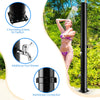 Solar-heated outdoor shower with 360° rotating shower head, made of durable PVC, ideal for outdoor use.