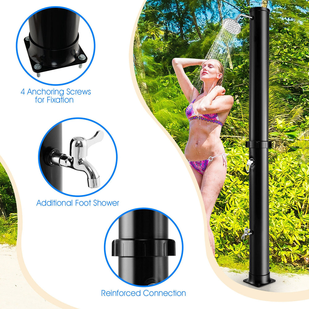 Solar-heated outdoor shower with 360° rotating shower head, made of durable PVC, ideal for outdoor use.