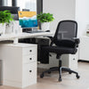 Adjustable black mesh office chair with flip-up armrests and ergonomic backrest for comfortable desk use.