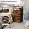 Freestanding cabinet dresser with wooden top, featuring 2-tier shelf and 3 fabric drawers for versatile storage.