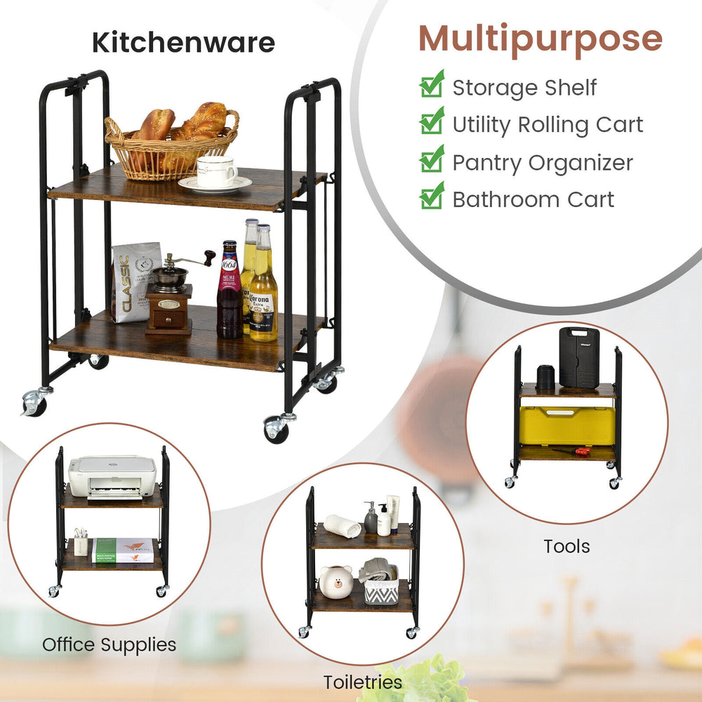 2-tier folding rolling cart with metal frame, engineered wood, and rustic finish, ideal for kitchen or office.