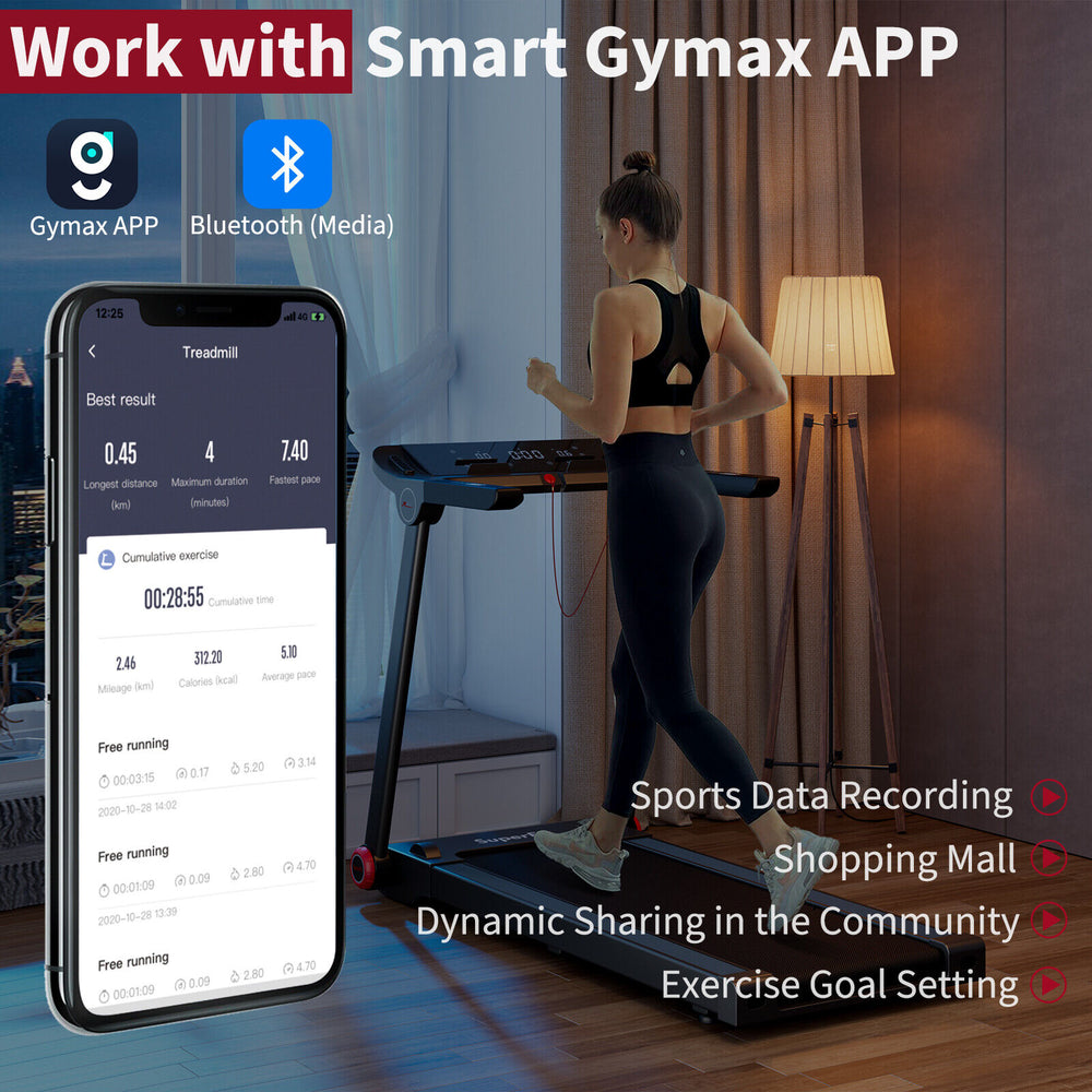 Folding treadmill with 3.75HP motor, LCD display, and Bluetooth for app connectivity, ideal for home workouts.