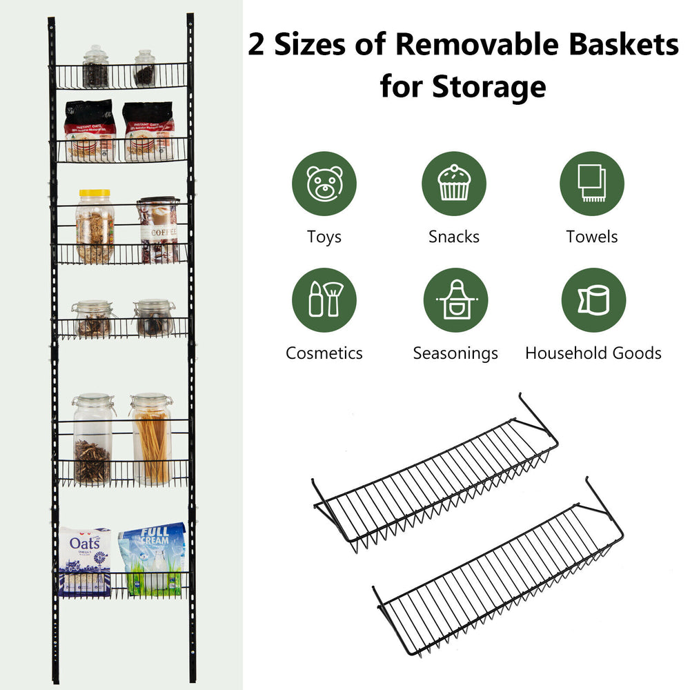 Over the door pantry organizer rack with 6 adjustable baskets for kitchen condiments and snacks storage.