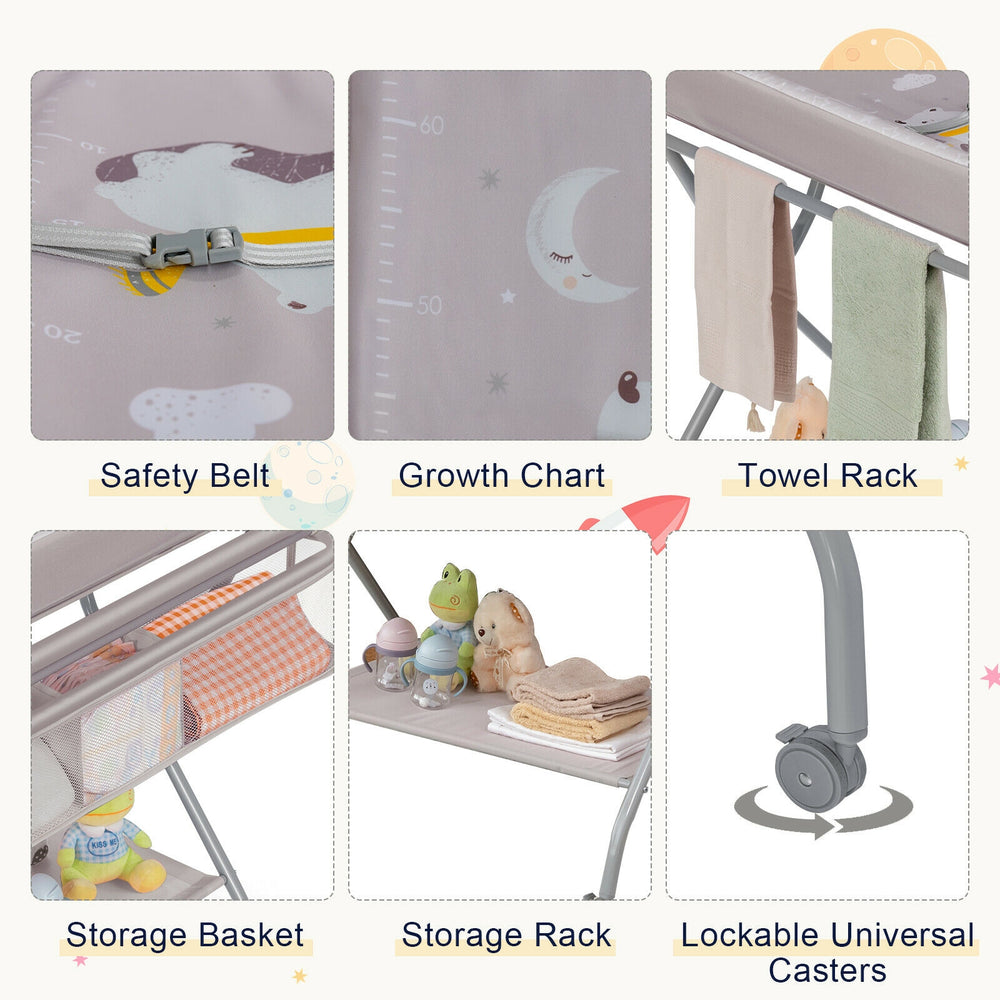 Baby changing table with safety belt, gray color, features storage basket and growth chart for convenient baby care.