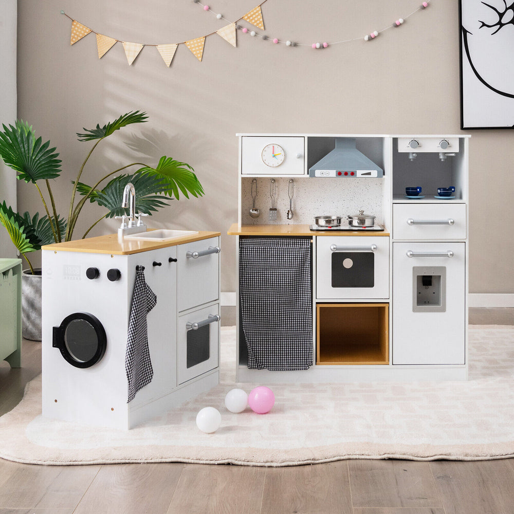 Wooden 2-piece kids kitchen playset with light and sound, featuring realistic appliances and ample storage for.