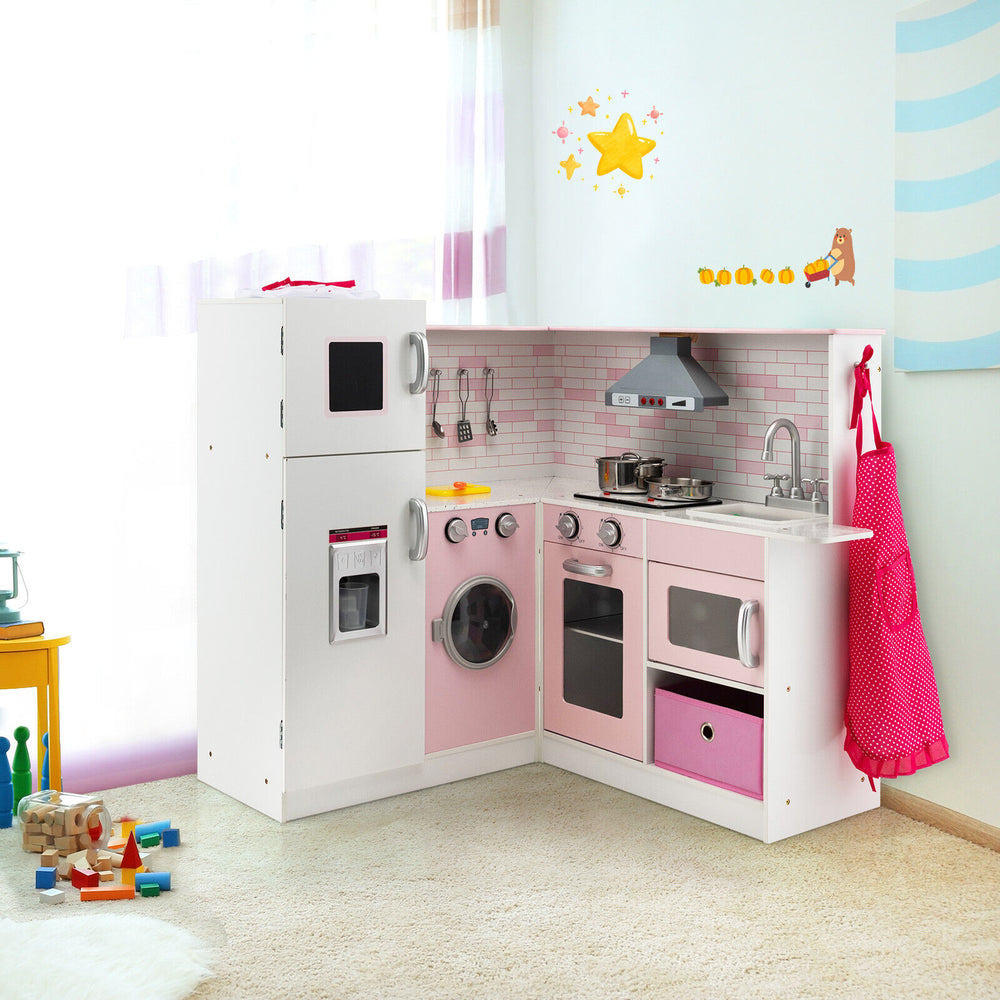 Corner play kitchen wooden toy set in pink and white with sound and light features, perfect for imaginative play.