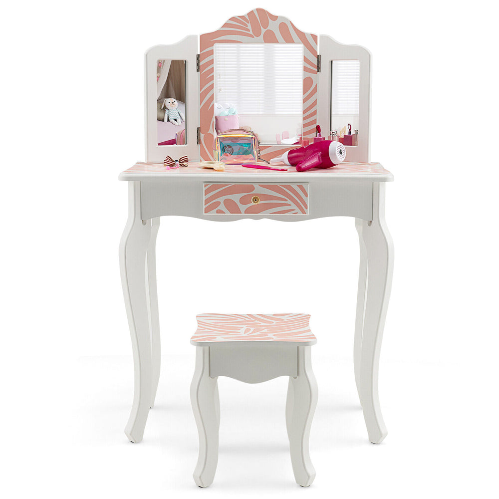 Kids vanity table set in pink and white with tri-folding mirror and stool, perfect for makeup or study space.