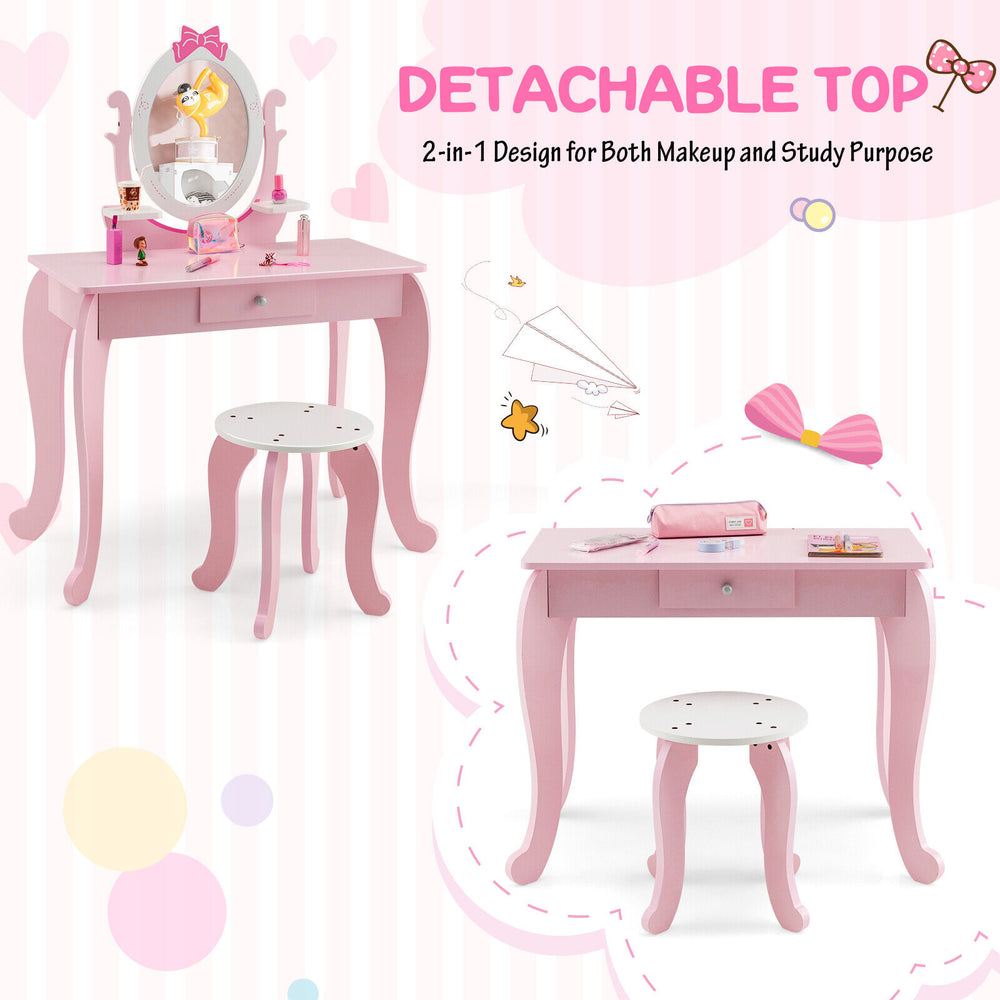 Kid vanity table set in pink with detachable top, oval mirror, and sturdy design for makeup and study use.