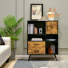 Industrial buffet sideboard in rustic brown with drawers and cubbies for kitchen storage, featuring splayed metal legs.