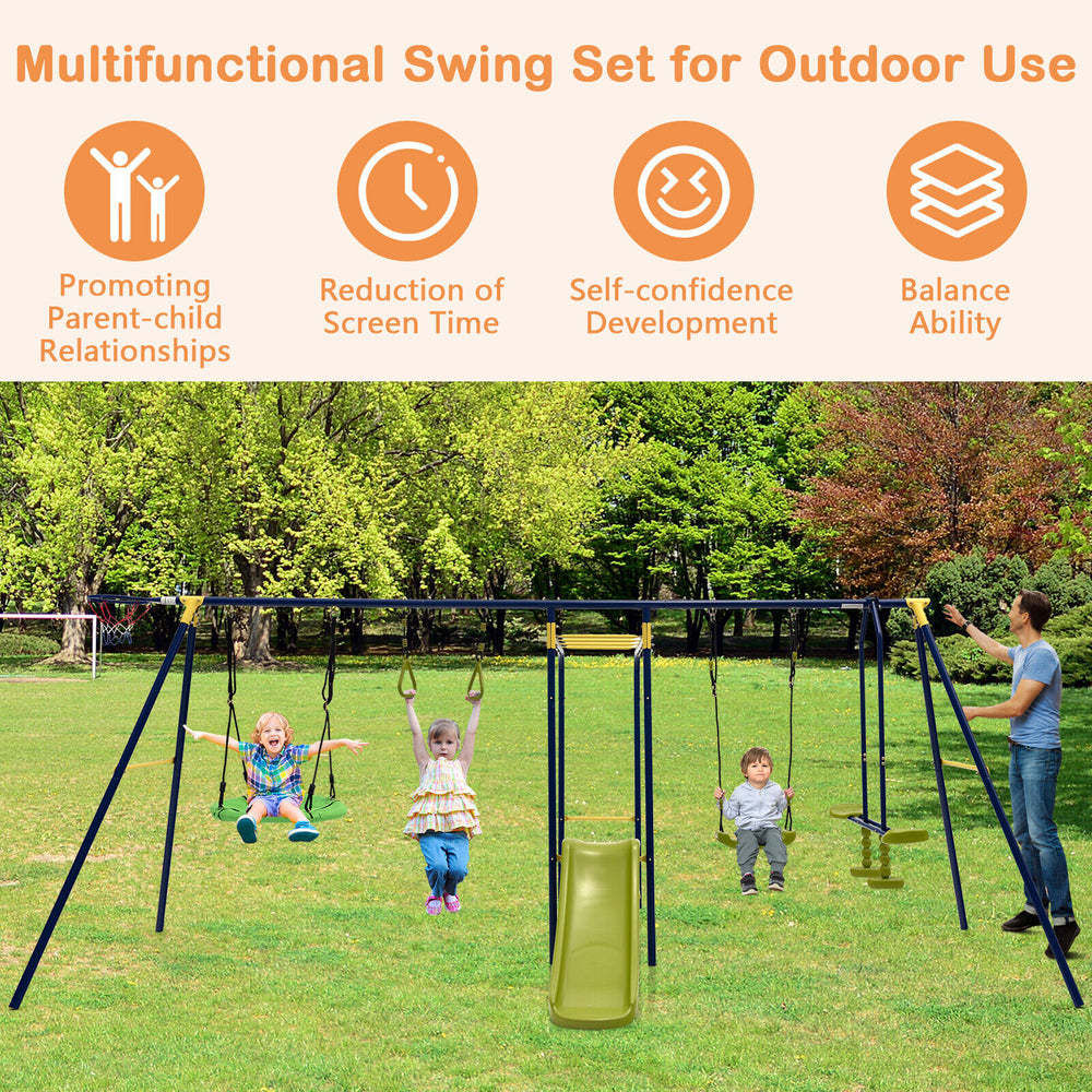 7-in-1 A-shaped outdoor swing set featuring a slide, swings, and monkey bars, ideal for backyard fun for kids aged 3-10.