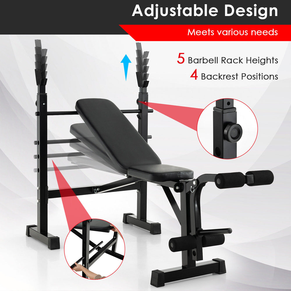 Adjustable weight bench with barbell rack, featuring 5 rack heights and 3 back positions for versatile workouts.