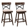Wooden swivel bar stool with cushioned seat and open X back, featuring a solid rubber wood frame for durability and.