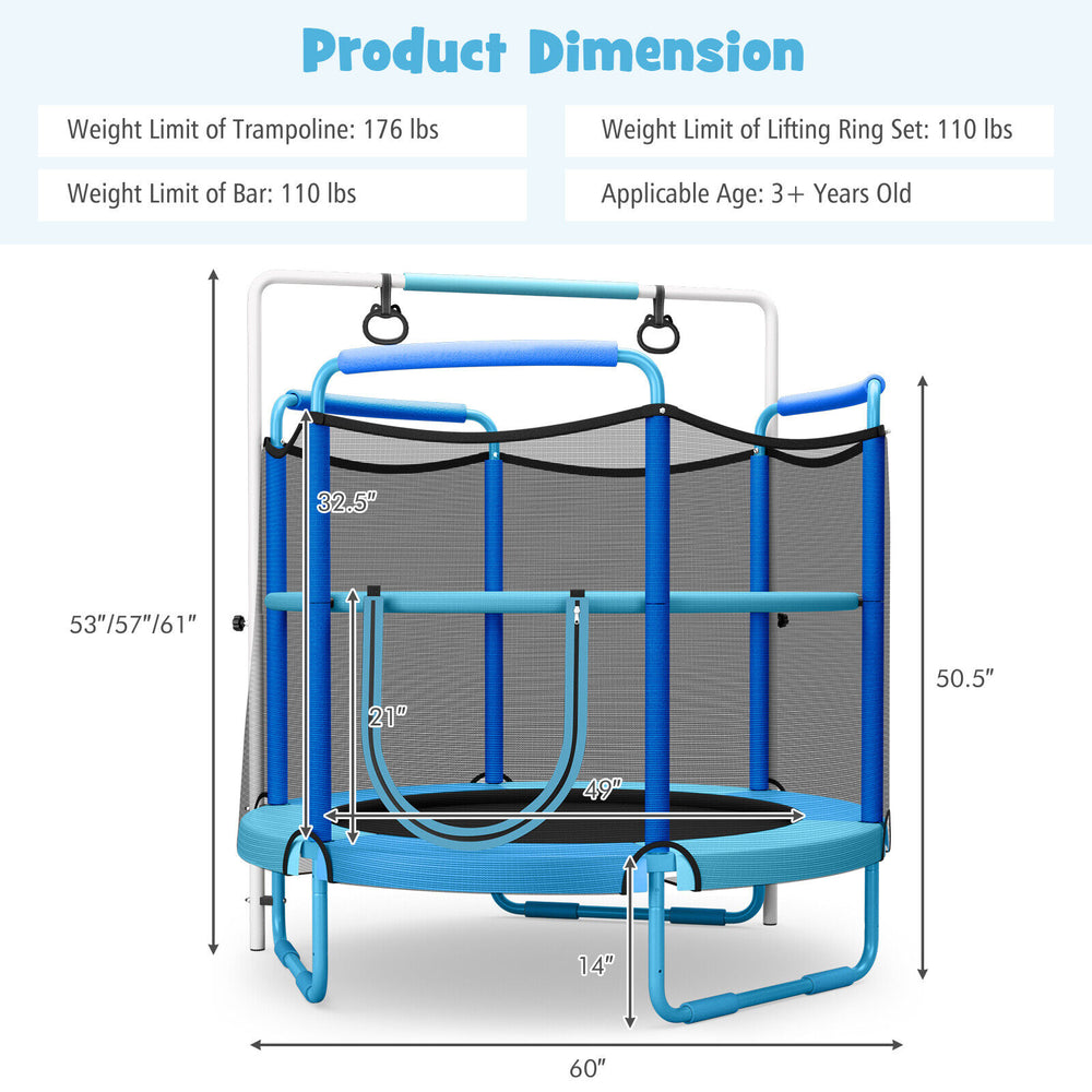 5ft kids trampoline with enclosure net, adjustable horizontal bar, and cat-shape gymnastic rings for safe outdoor fun.