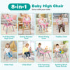 Convertible baby high chair in pink, adjustable tray, removable cushion, suitable for dining and playtime activities.