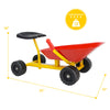 Kids ride-on sand dumper in red with a 360-degree rotatable seat and all-terrain wheels for outdoor fun.