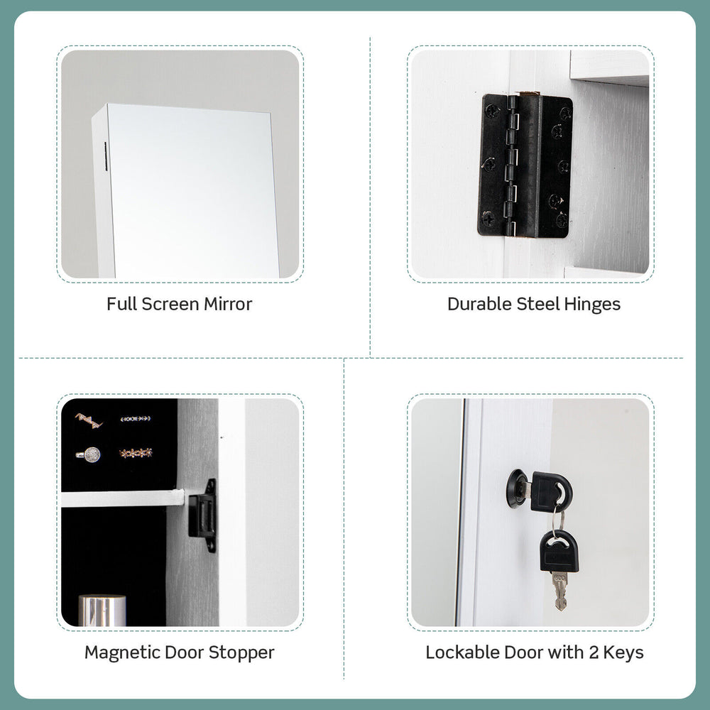 Jewelry cabinet with full-length mirror, lockable door, durable steel hinges, and magnetic door stopper for secure.