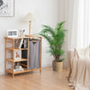 Bamboo laundry hamper stand featuring a spacious countertop and three open shelves, perfect for organizing laundry.