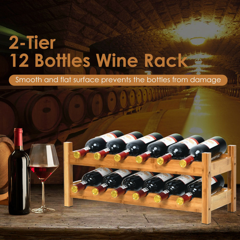 Close-up of the eco-friendly bamboo wine rack with smooth surface, designed to hold 12 bottles elegantly and securely.