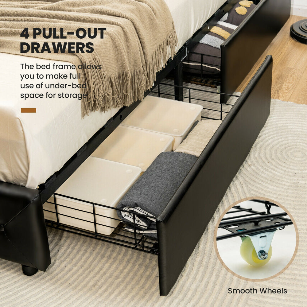 Full/Queen PU leather platform bed with 4 pull-out drawers for under-bed storage and adjustable headboard height.