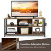 Mid-century wooden TV stand in rustic brown with adjustable shelves, perfect for TVs up to 65 inches and versatile.
