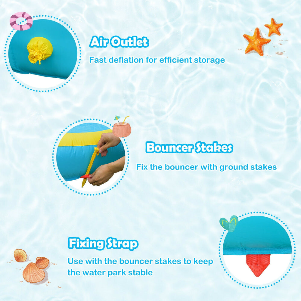 Detail of the inflatable water slide park features, including air outlet, bouncer stakes, and fixing strap for.