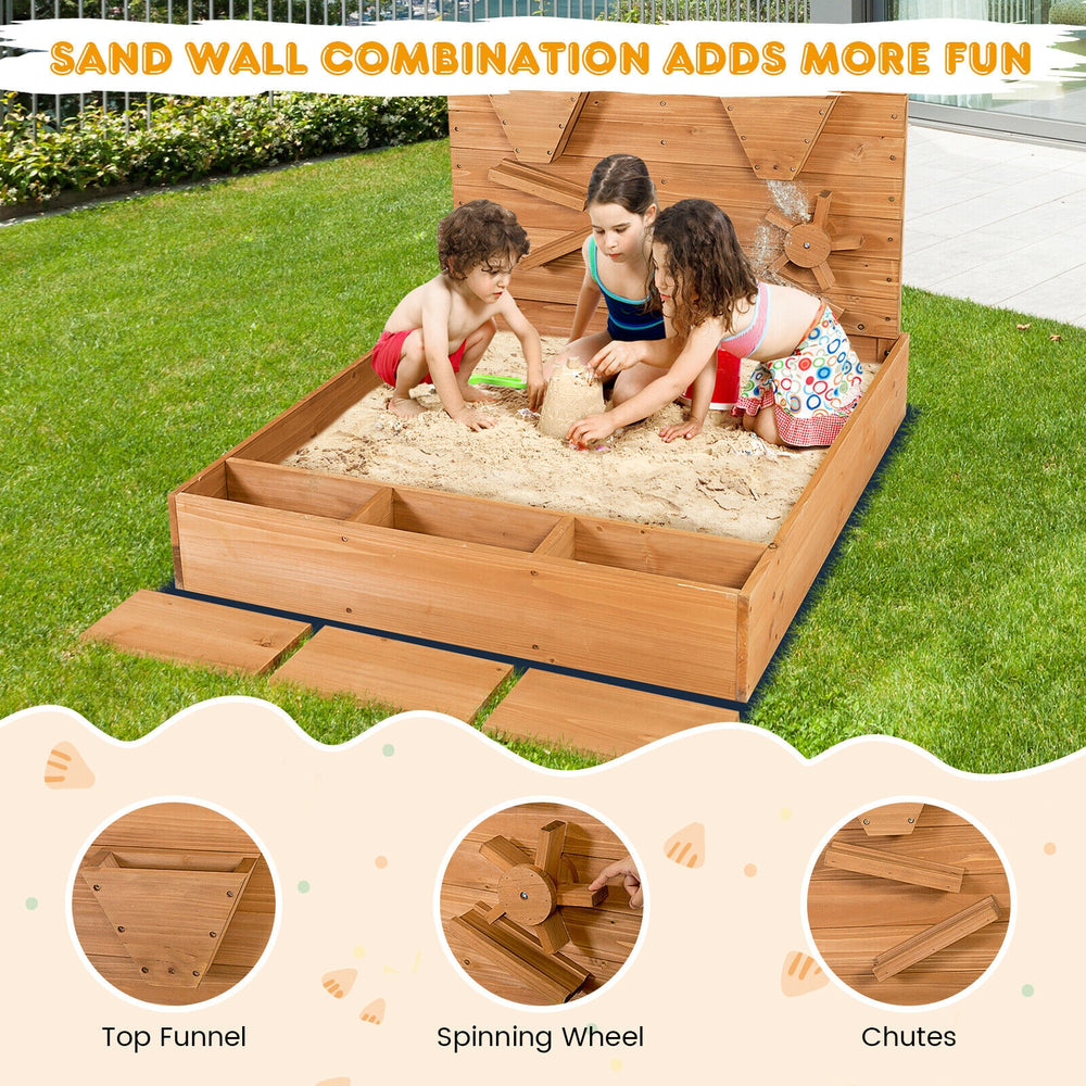 Kids Wooden Square Sandbox with Cover featuring unique sand walls, seating, and ample space for 3-4 children to play.