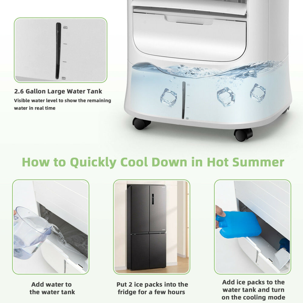 Portable evaporative air cooler in white with 2.6-gallon water tank, remote control, and 3 cooling modes for summer.