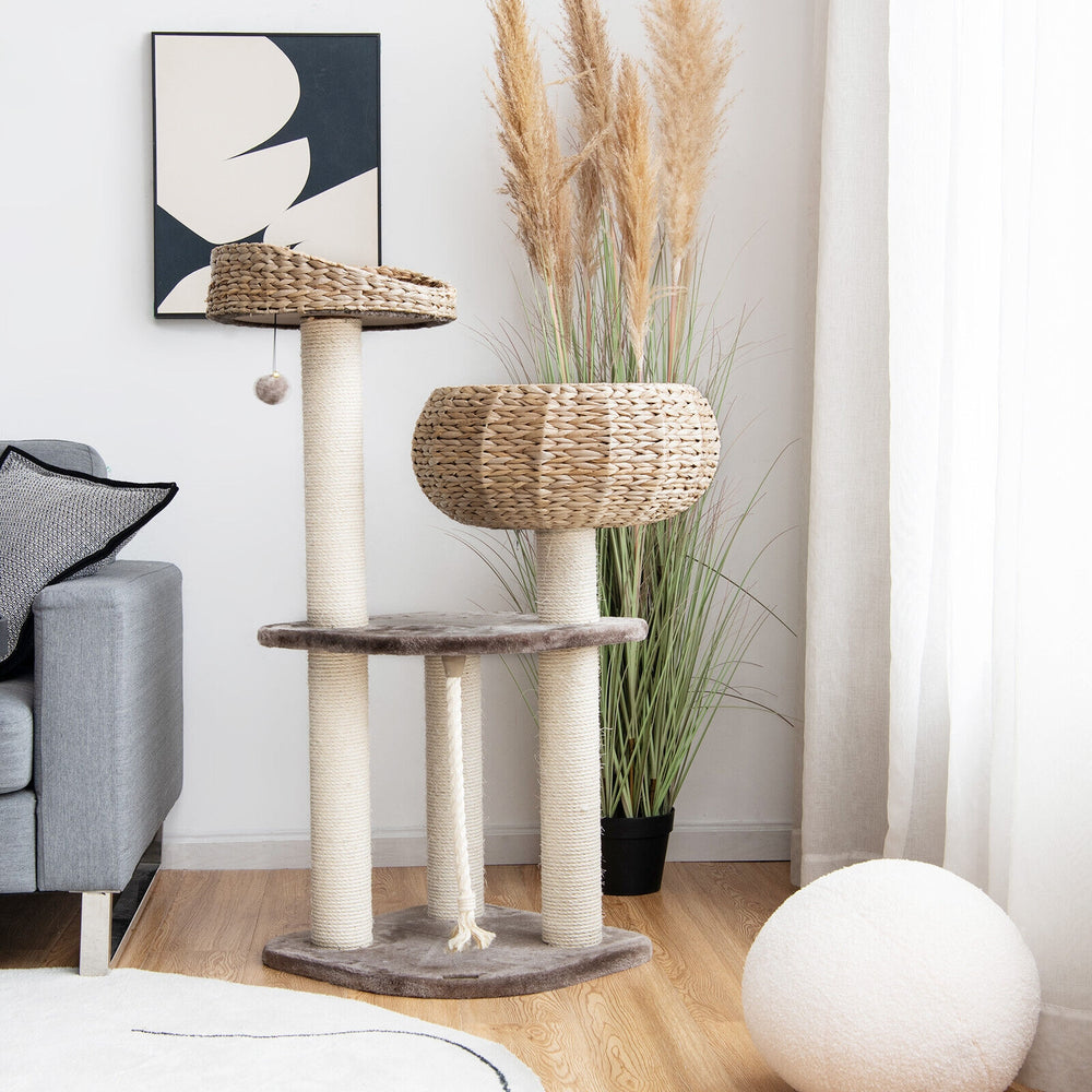 Rattan cat tree with napping perch, sisal posts, and soft cushions for comfortable lounging and scratching.
