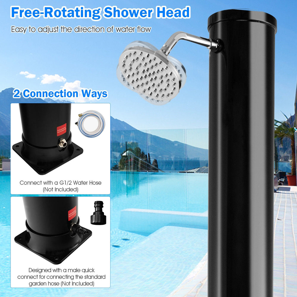 Free-rotating shower head of a 7.2 feet solar-heated outdoor shower in black, ideal for outdoor rinsing and convenience.