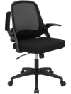 Side view of an adjustable black mesh office chair with a thick cushion and flip-up armrests for ergonomic support and.