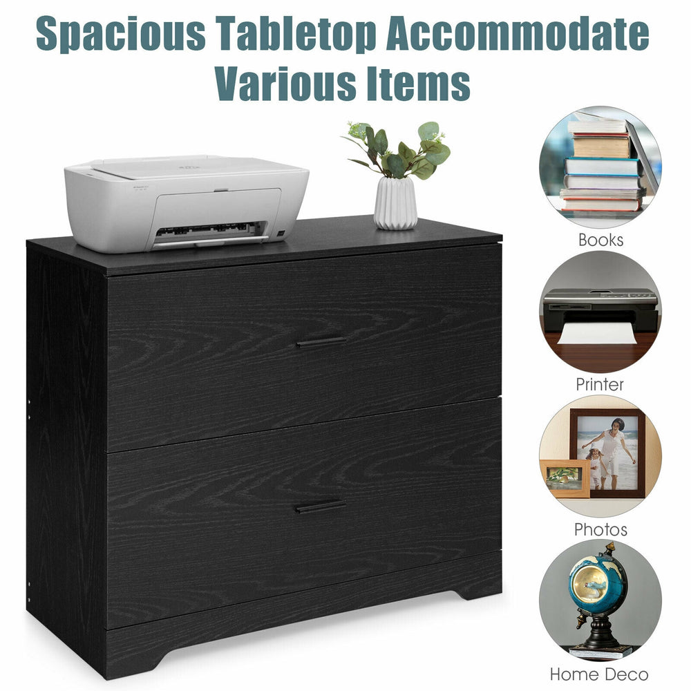 2-drawer lateral file cabinet in black with spacious tabletop for printer and adjustable bars for file organization.