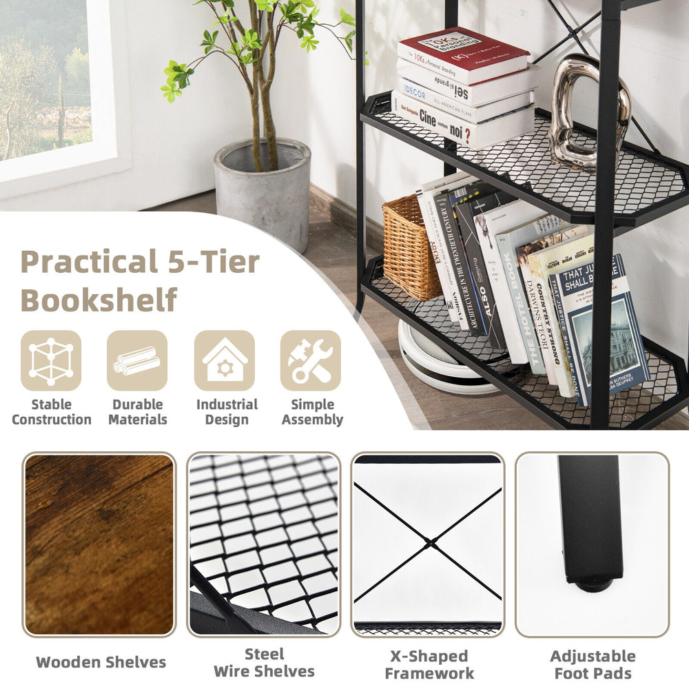 5-tier industrial bookshelf in rustic brown with adjustable foot pads, ideal for living room or study organization.