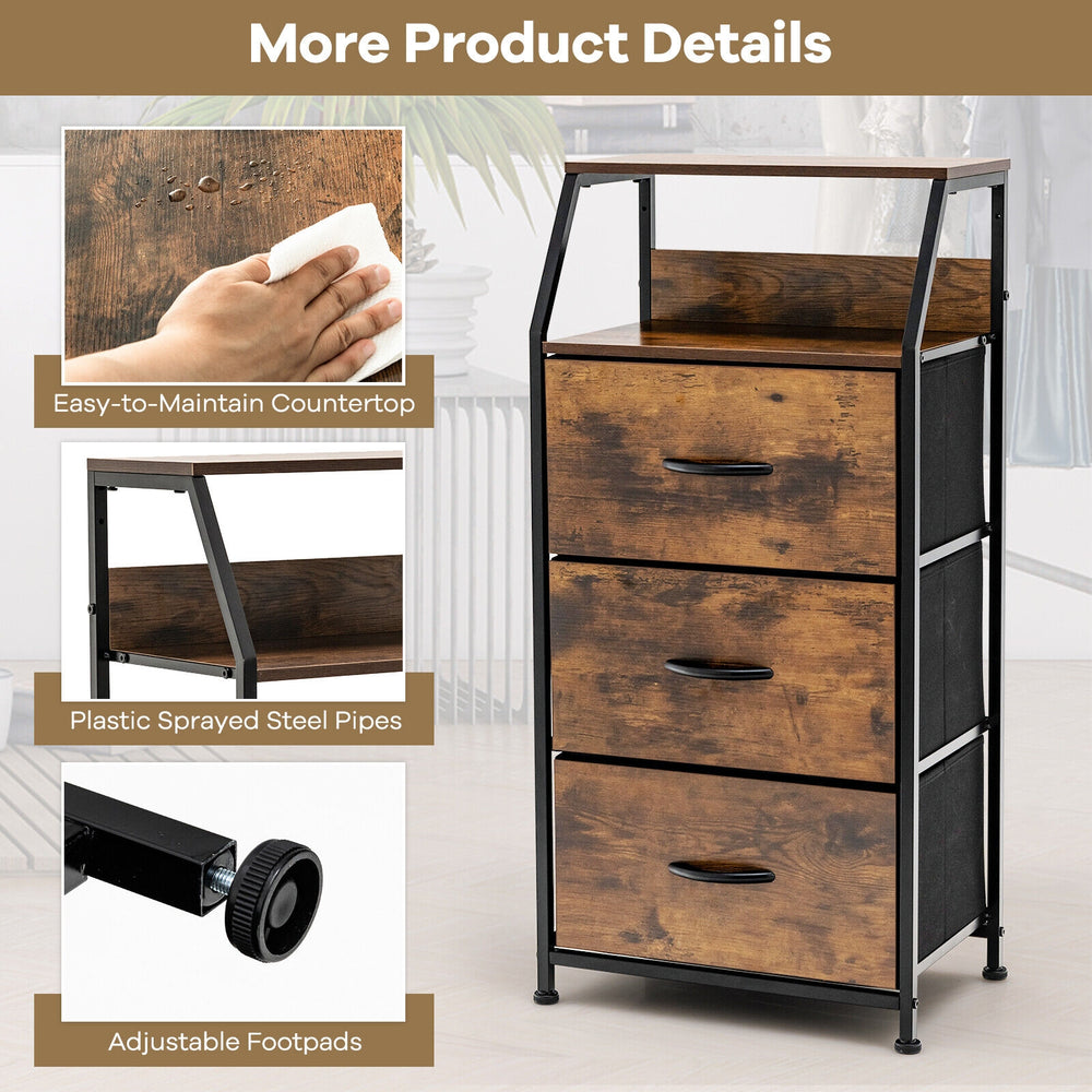 Freestanding cabinet dresser with wooden top, featuring 3 fabric drawers and a sturdy sprayed steel frame for versatile.