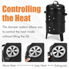 Vertical 3-in-1 charcoal BBQ grill with built-in thermometer and adjustable air vent for versatile cooking.