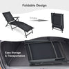Foldable chaise lounge chair in black with adjustable backrest and footrest, perfect for easy storage and travel.