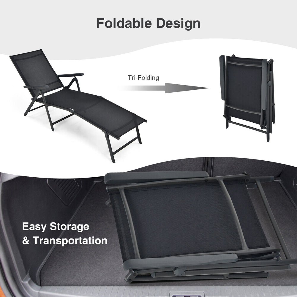 Foldable chaise lounge chair in black with adjustable backrest and footrest, perfect for easy storage and travel.