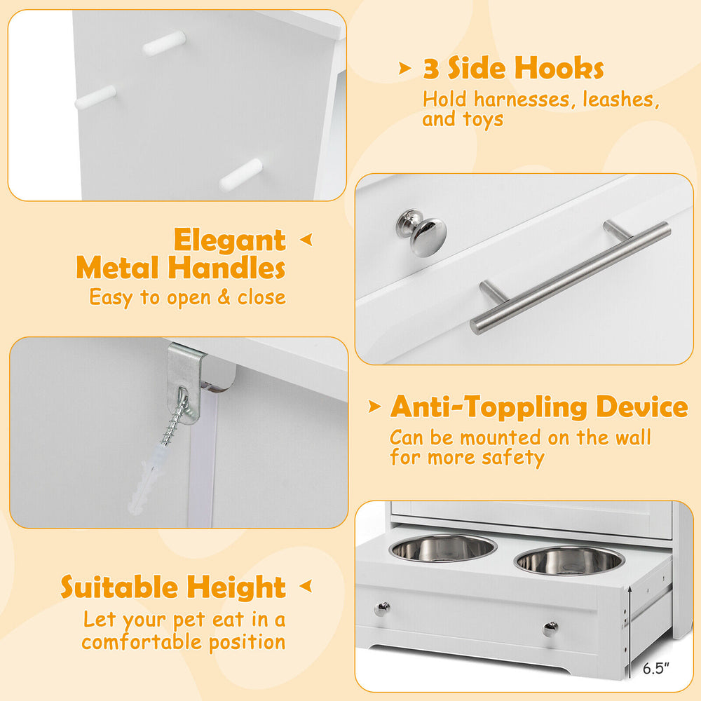 Pet feeder station in white with stainless steel bowls, storage cabinet, and anti-toppling device for pet safety.