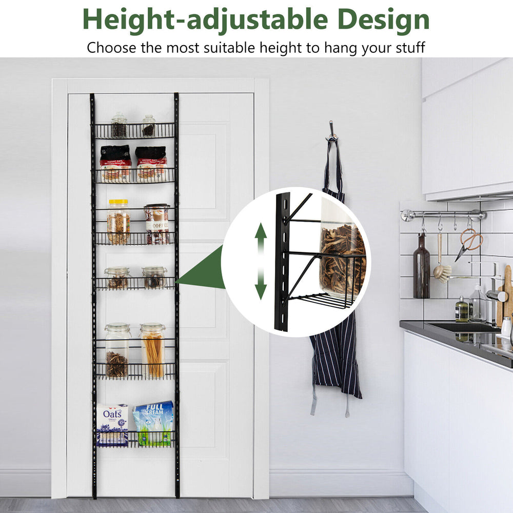 Over the door pantry organizer rack with adjustable hooks and 6 baskets for versatile kitchen storage solutions.