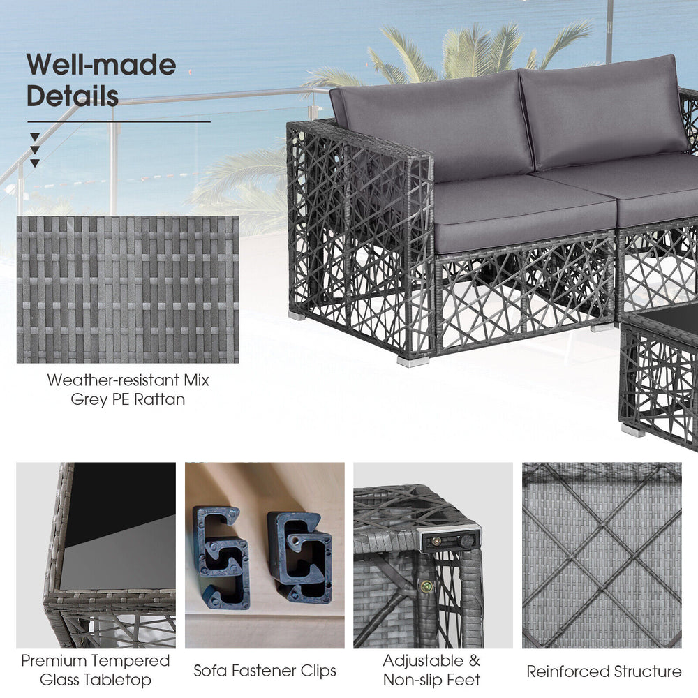 Gray PE rattan 5-piece patio sofa set with soft cushions and tempered glass table, perfect for outdoor relaxation.