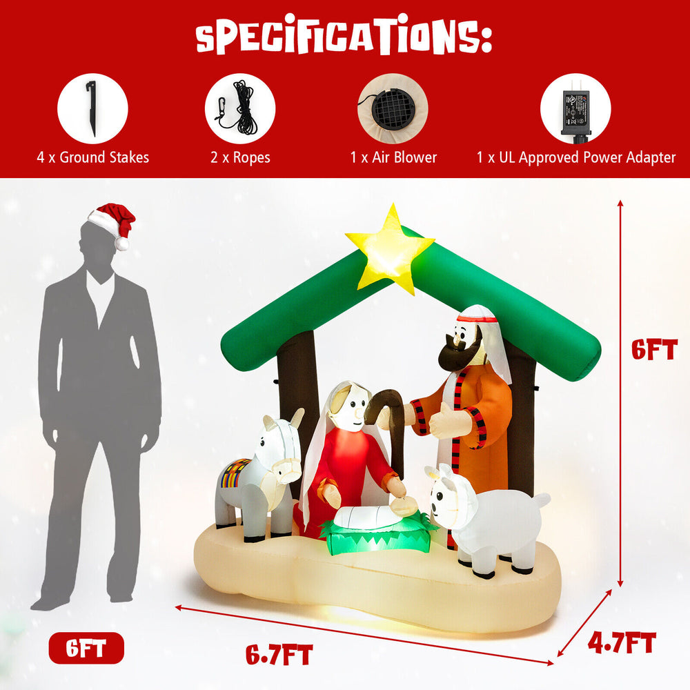 6.7 feet tall Christmas inflatable nativity scene with LED lights, featuring Mary, Joseph, and animals for outdoor.