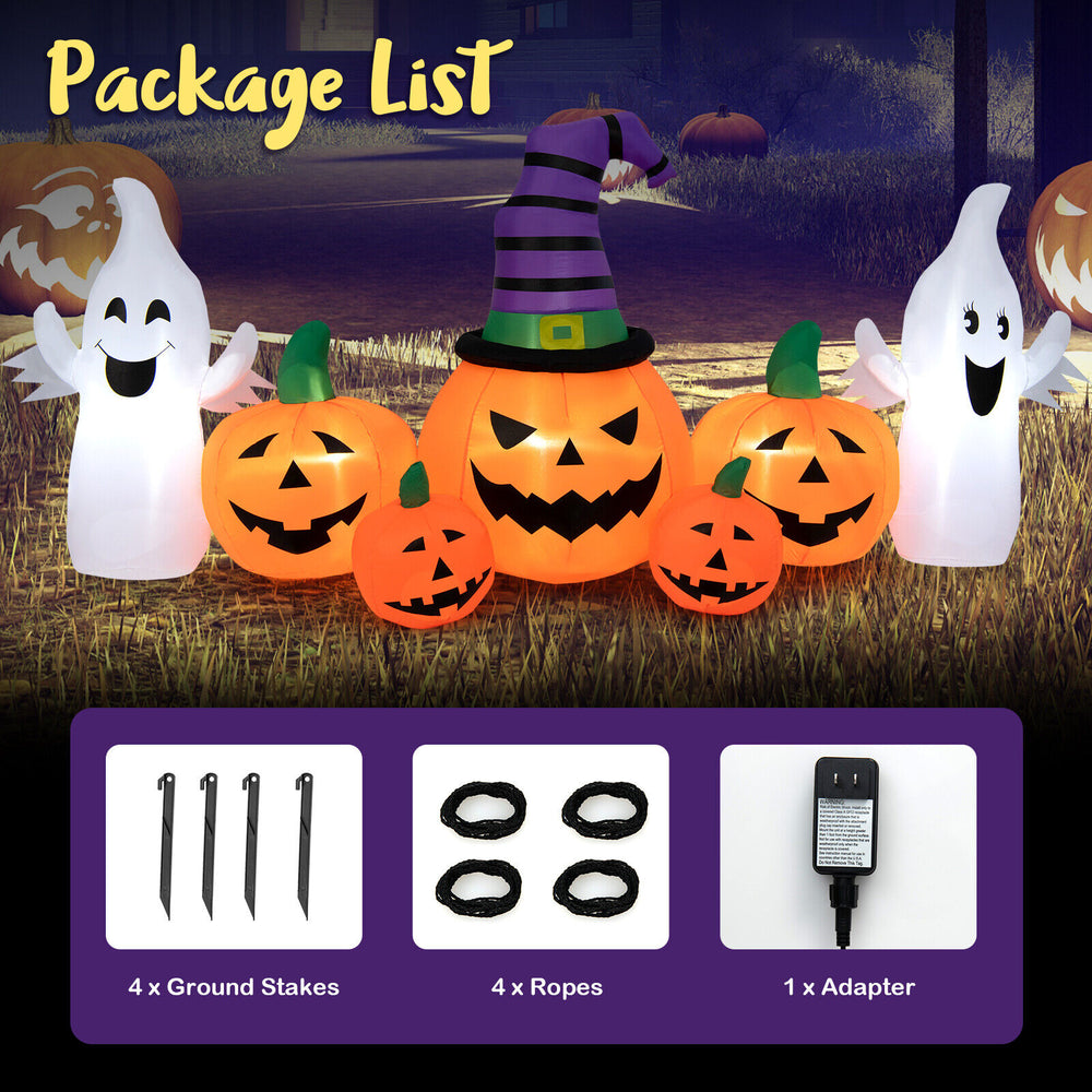Inflatable Halloween decor featuring 9 feet of pumpkins and 2 ghosts, perfect for outdoor parties and celebrations.