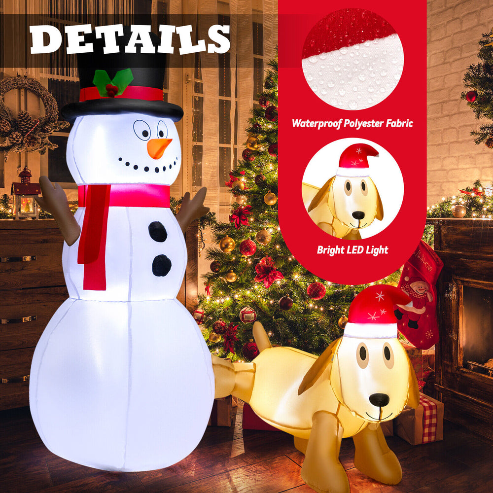 6-foot inflatable snowman and dog set with LED lights, made of waterproof polyester, perfect for outdoor Christmas.