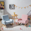 Kids rocking chair in blue with solid wood legs, perfect for reading and relaxing, designed for ages 3-5 years.
