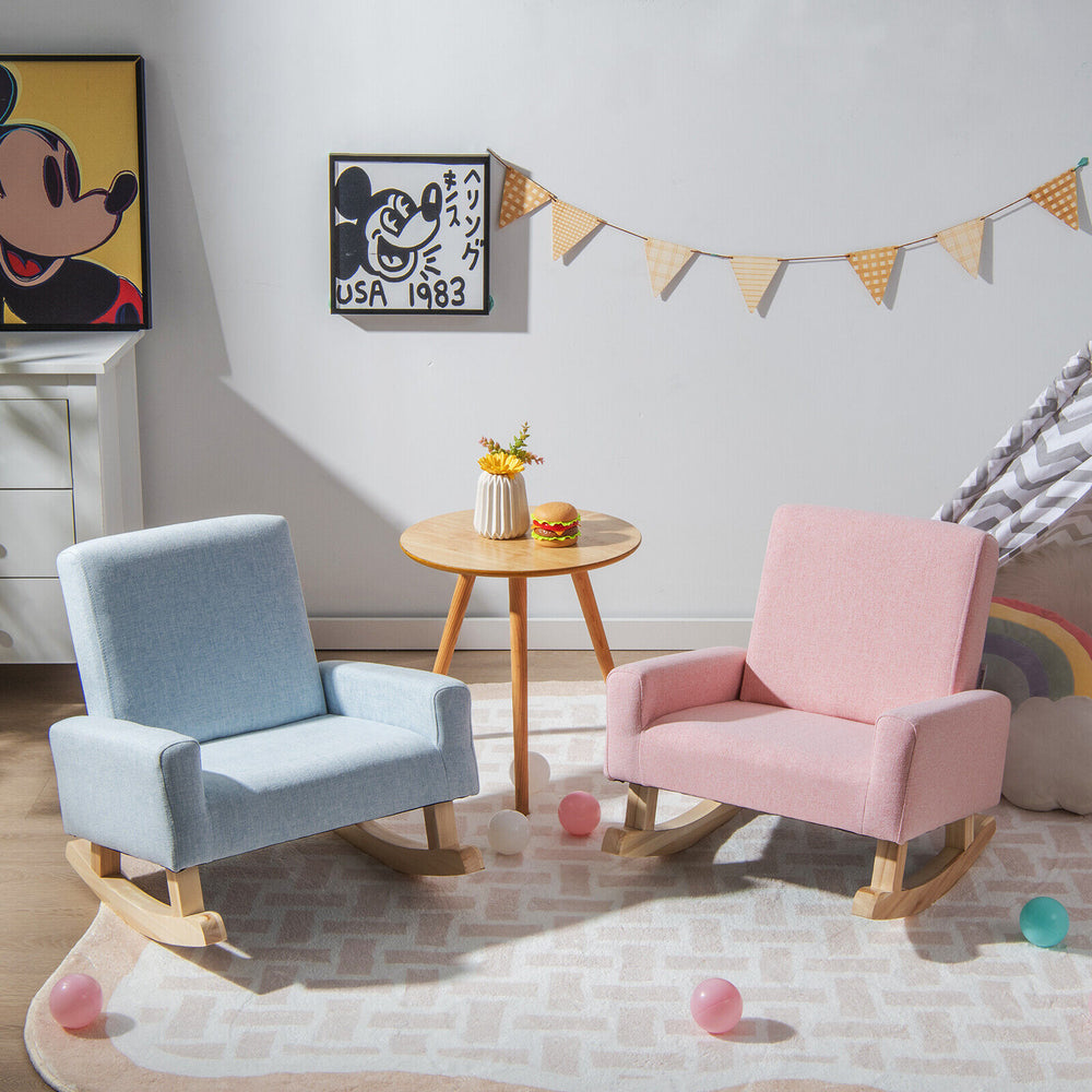 Kids rocking chair in blue with solid wood legs, perfect for reading and relaxing, designed for ages 3-5 years.
