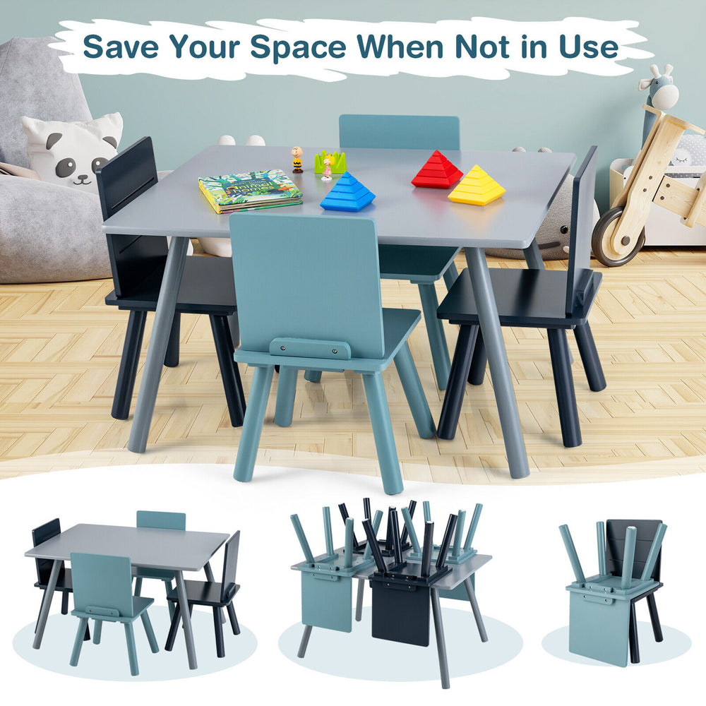 Kids wooden activity play furniture set with blue chairs, stackable design for space-saving in playroom or living room.