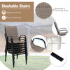 Stackable patio chairs with ergonomic armrests and breathable fabric, perfect for outdoor dining and space-saving.