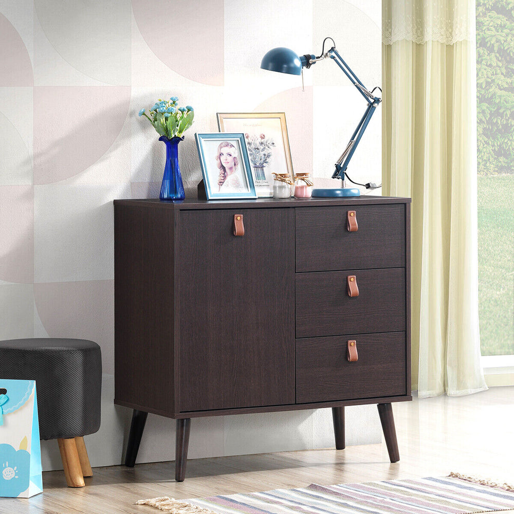 Three-drawer sideboard storage cabinet in brown with leather handles, featuring an adjustable shelf for versatile use.