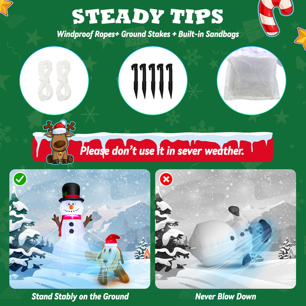 6-foot inflatable snowman and dog set with LED lights, made of durable polyester, ideal for festive outdoor decoration.