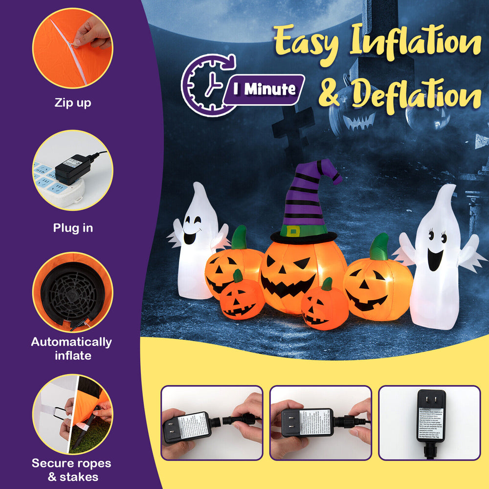 9 feet long Halloween inflatable pumpkins with 2 ghosts, featuring LED lights, durable fabric, and easy inflation for.