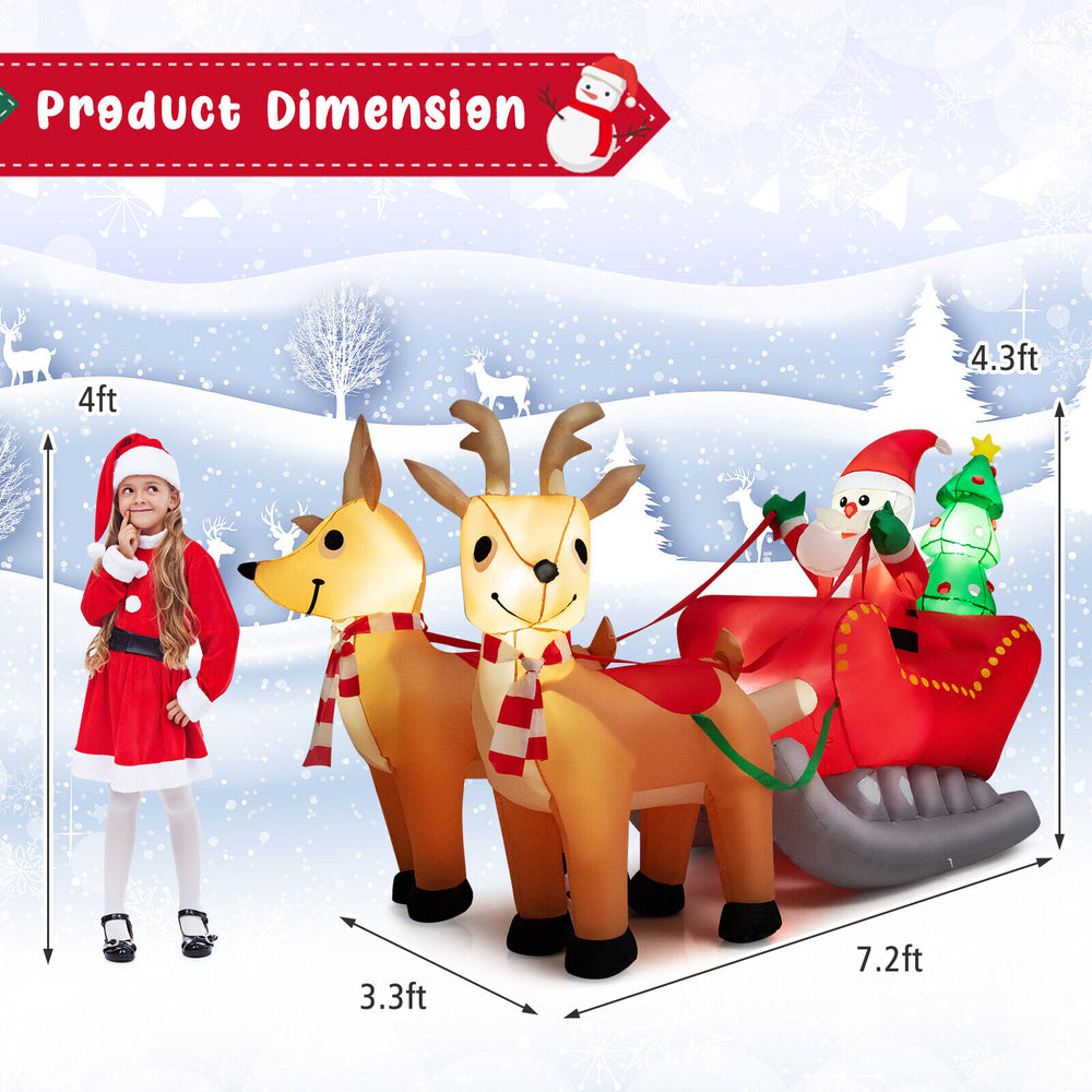 Dimensions of inflatable Santa sled with two reindeer, 7.2 feet long, showcasing bright LED lights for holiday cheer.